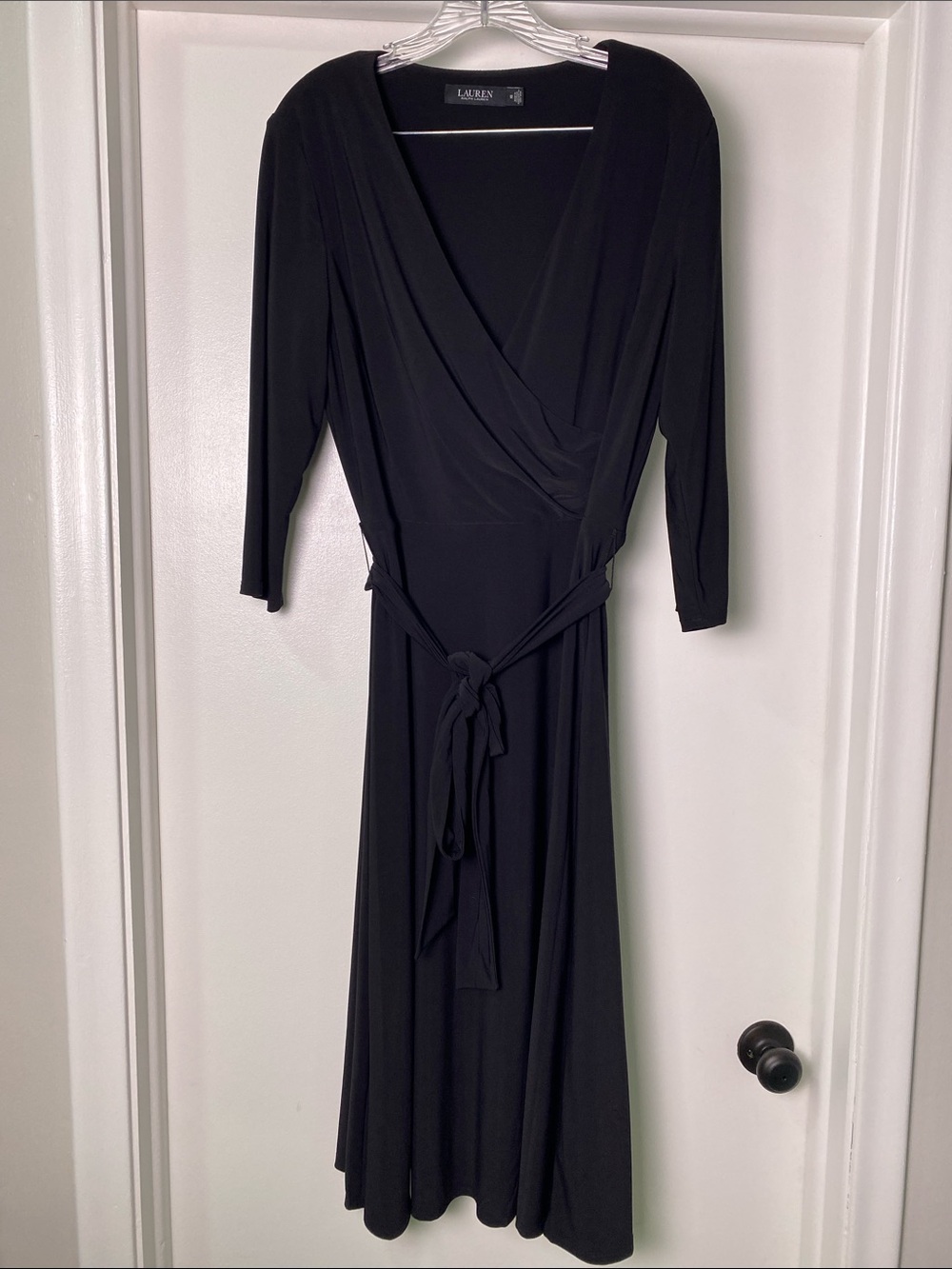 Lauren Ralph Lauren Black Wrap Midi Dress with Tie Waist